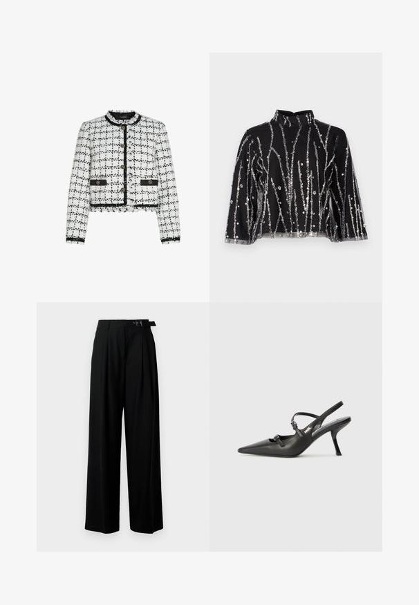 Biela a čierna tweedová bunda s krátkym strihom, okrúhlym výstrihom, zlatými gombíkmi a čiernymi ozdobnými prvkami. Obsahuje rozstrapkané okraje a textúrovaný povrch.; Čierny crop top s vysokým golierom, ktorý má vertikálne strieborné trblietavé prúžky, priesvitné rukávy a textúrovanú látku.; Čierne široké nohavice s vysokým pásom, skladmi vpredu a opaskom s prackou. Vyrobené z hladkej, ľahkej textílie.; Čierne kožené slingback topánky na vysokom podpätku s ostrou špicou, štíhlym podpätkom a dekoratívnym detailom s prackou na priehlavku. Hladká textúra a elegantný dizajn.