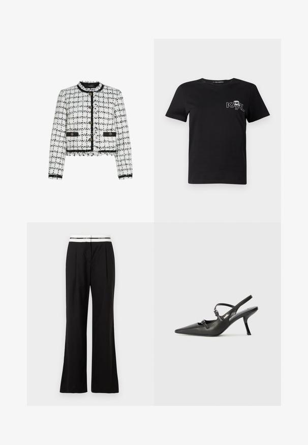 White and black tweed jacket with a cropped design, round neckline, gold buttons, and black trim accents. Features frayed edges and a textured surface.; Black short-sleeve t-shirt made of cotton. Features a white graphic with the text "KARL" and a stylized figure on the chest. Round neckline.; Black trousers with a relaxed fit, featuring a white elastic waistband with branding. Made of smooth fabric with a slight sheen.; Black leather slingback heels with a pointed toe, slender heel, and decorative buckle detail on the vamp. Smooth texture and sleek design.