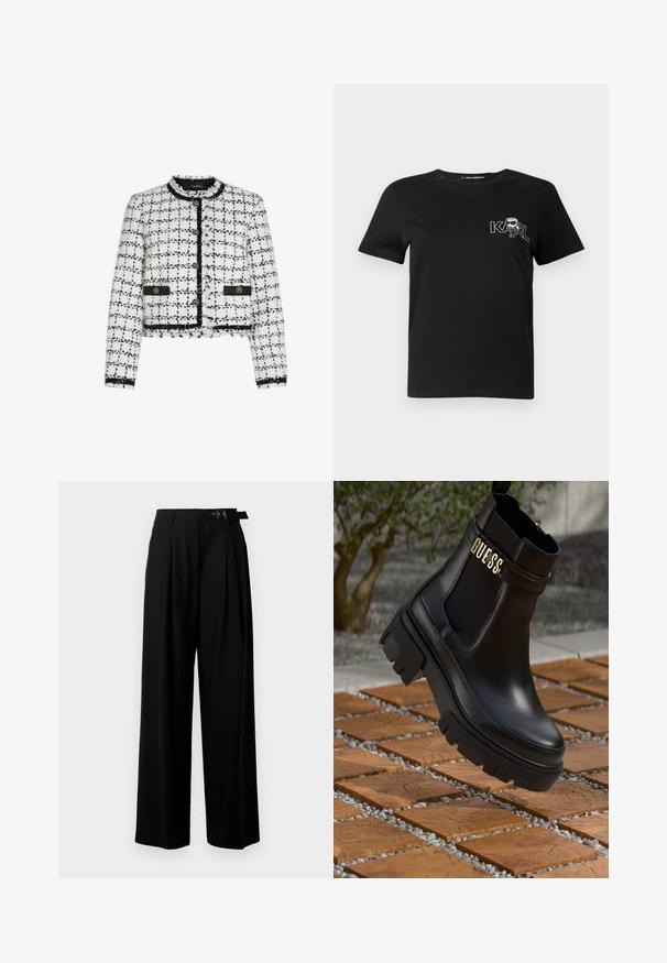Balta un melna tweed mētelis ar saīsinātu dizainu, apaļu kakla izgriezumu, zelta pogām un melnām akcentiem. Funkcijas ietver plūstošas malas un teksturētu virsmu.; Melnas īsām piedurknēm T-krekls, izgatavots no kokvilnas. Ar baltu grafiku, kurā rakstīts "KARL" un stilizēta figūra uz krūšu daļas. Apaļš kakla izgriezums.; Melni plaši bikses ar augsto jostasvītru, priekšā ar krokojiem un jostu ar sprādzi. Izgatavotas no gludas, vieglas auduma.; Melna ādas potīšu zābaku ar masīvu gumijas zoli, elastīgām sānu paneļiem un zelta akcents ar "GUESS" zīmola nosaukumu.