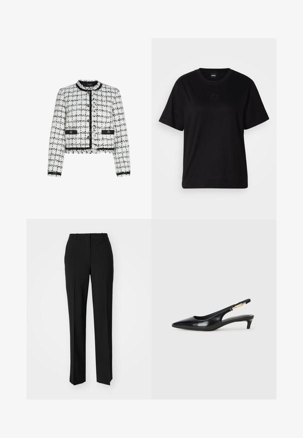 Balta un melna tweed mētelis ar saīsinātu dizainu, apaļu kakla izgriezumu, zelta pogām un melnām akcentiem. Funkcijas ietver plūstošas malas un teksturētu virsmu.; Melna kokvilnas T-krekls ar apaļu izgriezumu, īsām piedurknēm un izšūtu logotipu uz krūtīm. Vienkāršs, brīvs piegriezums bez rakstiem.; Melnas pielāgotas bikses ar taisnu kāju dizainu, kas raksturojas ar gludu faktūru un asiem krokām pa priekšu. Nav redzamu metāla detaļu.; Melnas ādas slingback zābaki ar smailu purngalu, ar šauru papēdi un zelta krāsas akcentu uz regulējama siksniņas. Gluda tekstūra.