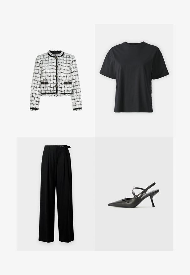Balto ir juodo veikalo striukė su trumpu dizainu, apvaliu kaklu, auksiniais mygtukais ir juodais akcentais. Turintis suplėšytus kraštus ir tekstūruotą paviršių.; Juoda trumpomis rankovėmis medvilninė marškinėliai su laisvu siluetu ir kontrastine šonine juostele, kurioje yra mažas tekstas ir dizaino detalės.; Juodos plačios kojų kelnės su aukštu liemeniu, priekinėmis klostėmis ir diržu su sagtimi. Pagamintos iš lygaus, lengvo audinio.; Juodi odiniai slingback kulniukai su smailiu pirštu, siauru kulnu ir dekoratyvine sagtimi viršuje. Lygus paviršius ir elegantiškas dizainas.