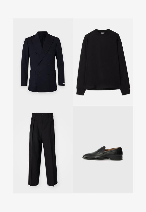 Double-breasted navy blazer with vertical pinstripes, featuring two front pockets, wide lapels, and black buttons.; Black long-sleeve t-shirt made of soft cotton. Features a round neckline, loose fit, and ribbed cuffs. No visible patterns or logos.; Black pleated trousers with a straight, wide-leg design. Made from smooth fabric, featuring a button closure and belt loops.; Black leather loafer with a rounded toe, subtle stitched detailing, and a low heel, featuring a smooth texture and minimalist design.