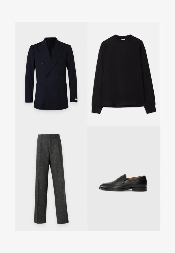 Double-breasted navy blazer with vertical pinstripes, featuring two front pockets, wide lapels, and black buttons.; Black long-sleeve t-shirt made of soft cotton. Features a round neckline, loose fit, and ribbed cuffs. No visible patterns or logos.; Gray tailored trousers made of textured fabric, featuring two front pleats and a straight-leg design. No visible pockets or embellishments.; Black leather loafer with a rounded toe, subtle stitched detailing, and a low heel, featuring a smooth texture and minimalist design.