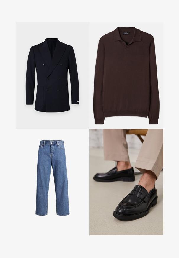 Dviejų eilučių tamsiai mėlynas švarkas su vertikaliomis dryžiais, turintis dvi priekinės kišenes, plačias apykakles ir juodus mygtukus.; Dondup REGULAR FIT SHIRT - Džemperis - cioccolato; Šviesiai mėlynos džinsinės kelnės su tiesiu kirpimu, aukštu liemeniu ir minimaliais siuvimo detalėmis. Audinys yra minkštas, šiek tiek nublukęs.; Juodi odiniai loaferiai su lygia apdaila, su dekoratyvine juosta ir kontrastinėmis siūlėmis, derinami su bežinėmis kelnėmis.