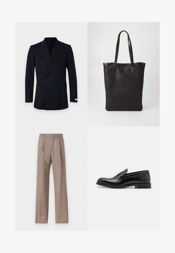 Tümberiga sinine bleiser, millel on vertikaalsed triibud, kaks eesmist taskut, laiad kraed ja mustad nööbid.; Valge pikamaa varrukatega nööbiga särk, mis on valmistatud puuvillast ja millel on rinna tasku toon-toonis brodeeringuga, krae ja nööbiga mansetid.; Prunnid, kõrge vöökohaga püksid, mis on valmistatud tekstureeritud kangast. Omavad laiu jalgu ja kahte eesmist voldikut struktuuri jaoks. Korralik viimistlus, ilma nähtava riistvarata.; Mustad mustad nahast loafers sileda tekstuuriga, ümarat ninaosa ja dekoratiivne riba vampi üle. Madal kihiline konts, minimalistlik disain.; Mustmust kott mustade nahkade käepidemetega. Lihtne disain, avar keha ja sile tekstuur. Pole nähtavaid logosid ega mustreid.