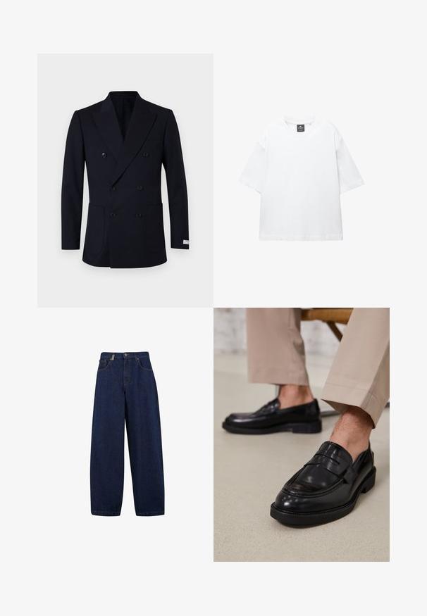 Dwurzędowa granatowa marynarka w pionowe prążki, z dwoma przednimi kieszeniami, szerokimi klapami i czarnymi guzikami.; Biała krótka koszulka z krótkim rękawem, wykonana z bawełny, z okrągłym dekoltem i luźnym fasonem oraz prostym dołem. Bez wzorów ani ozdób.; Luźne, ciemnoniebieskie dżinsy z wysokim stanem, kieszeniami z przodu i prostym krojem nogawki. Zawierają metalowe ozdoby w kolorze srebrnym oraz minimalne przeszycia.; Czarne skórzane mokasyny o gładkim wykończeniu, z dekoracyjnym paskiem i kontrastowym szwem, w połączeniu z beżowymi spodniami.