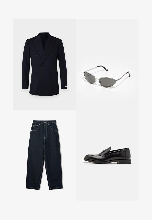Navy blazer met dubbele rij knopen en verticale streepdessin, voorzien van twee voorzakken, brede kraag en zwarte knopen.; Witte t-shirt met korte mouwen van katoen, met een ronde hals en een relaxte fit met rechte zoom. Geen patronen of versieringen.; Wijdbenige, donkerblauwe spijkerbroek met contrasterende witte stiksels, vijf zakken en een knoopsluiting. Voorzien van een hoge taille.; Zwarte leren instappers met een gladde textuur, ronde neus en een decoratieve band over de wreef. Lage, gestapelde hak en minimalistisch ontwerp.; Zonnebril met een slank, zilveren metalen frame, grijs getinte lenzen en een aerodynamisch ontwerp met puntige randen en dunne pootjes.