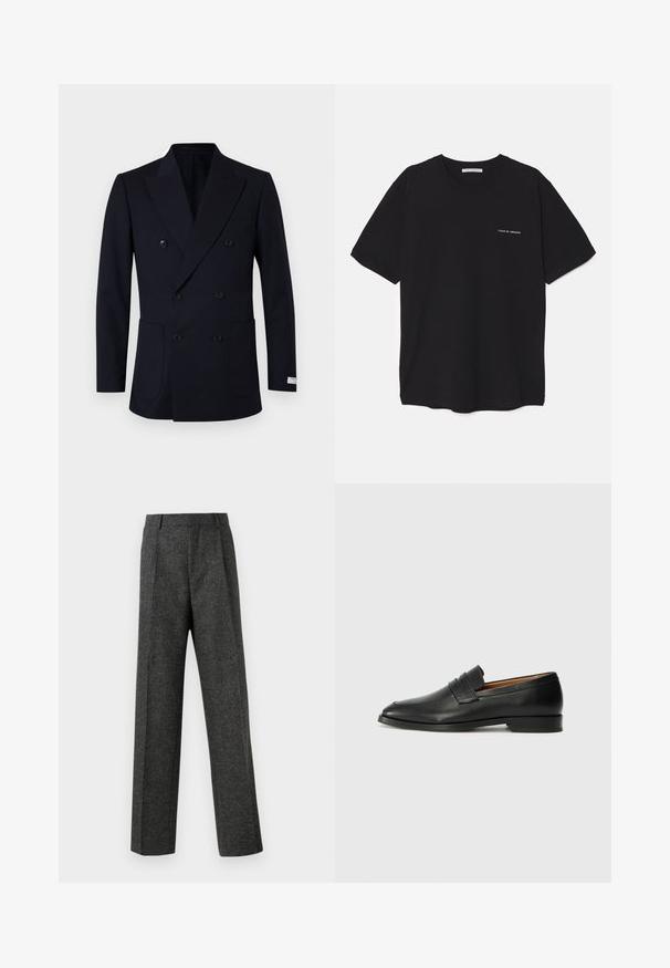 Double-breasted navy blazer with vertical pinstripes, featuring two front pockets, wide lapels, and black buttons.; Black cotton T-shirt with a crew neck, short sleeves, and a white logo print on the left chest. Simple, solid color design.; Gray tailored trousers made of textured fabric, featuring two front pleats and a straight-leg design. No visible pockets or embellishments.; Black leather loafer with a rounded toe, subtle stitched detailing, and a low heel, featuring a smooth texture and minimalist design.