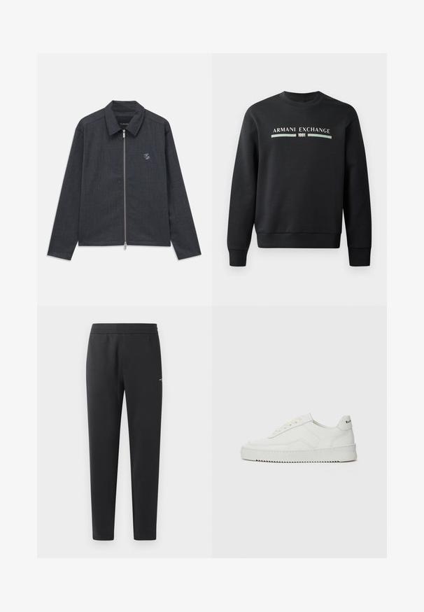 Tummanharmaa pitkähihainen takki, jossa on etuvetoketju, kaulus ja pieni valkoinen brodeerattu "FP"-logo vasemmassa rinnassa.; Mustapaita, joka on valmistettu pehmeästä kankaasta. Tässä on pyöreä kaula-aukko ja pitkät hihat. Edessä on tekstit "ARMANI EXCHANGE" ja "1991" kontrastiväreillä.; Mustat verkkarit, jotka on valmistettu pehmeästä kankaasta. Niissä on joustava vyötärö, suorat lahkeet ja pieni logo-yksityiskohta sivulla.; Valkoinen nahkakenkä, jossa on sileä pinta, pyöreä kärki, tasaiset nauhat ja teksturoitu pohja. Sisältää huomaamattoman logon kantapäässä.