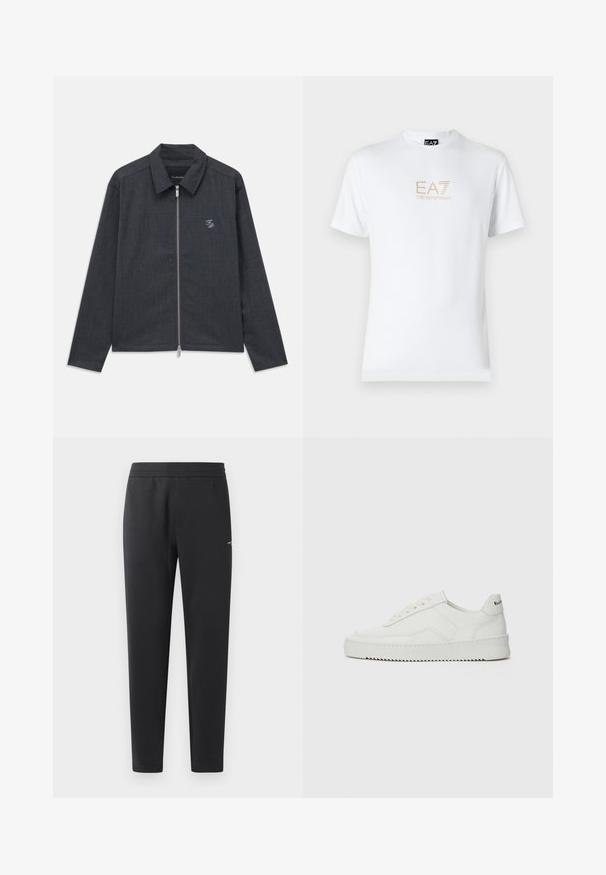 Tmavosivá bunda s dlhým rukávom, predným zipsom, golierom a malým bielym vyšitým logom "FP" na ľavej hrudi.; Biela bavlnená tričko s okrúhlym výstrihom a krátkymi rukávmi, na prednej strane s potlačou zlatého loga EA7 Emporio Armani.; Čierne joggingové nohavice z mäkkej tkaniny, s elastickým pásom, rovnými nohavicami a malým logom na boku.; Biele kožené tenisky s hladkým povrchom, okrúly špičkový dizajn, ploché šnúrky a textúrovaná podrážka. Obsahujú jemné logo na päte.