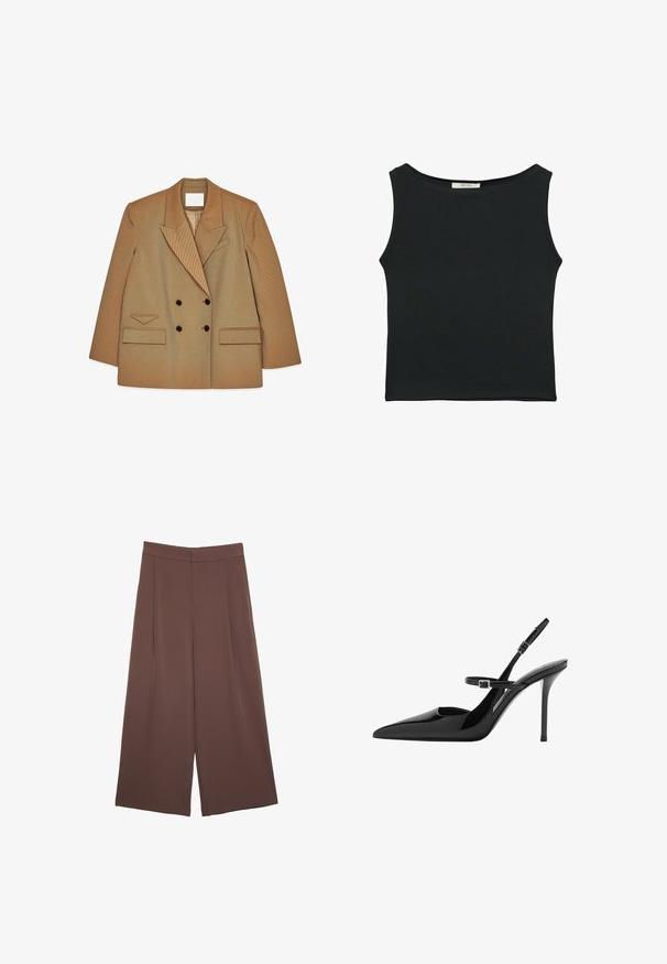 Double-breasted tan blazer with wide lapels, two front flap pockets, dark buttons, and a notched chest pocket on a white background.; Black sleeveless top made of smooth fabric, featuring a rounded neckline and a fitted design with no visible patterns or embellishments.; Brown wide-leg trousers with a smooth texture, featuring a high waist and front pleats. The fabric is lightweight and flows loosely.; Black patent leather slingback high heels with a pointed toe, adjustable strap, and stiletto heel. Smooth surface with shiny finish.