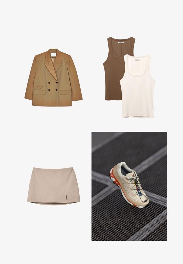 Dubbelzijdige tan blazer met brede revers, twee voorste klepzakken, donkere knopen en een ingeknipte borstzak op een witte achtergrond.; Twee tanktops: de ene in donkerbruin met ribbelstructuur en brede banden, de andere in gebroken wit, van gladde stof met een vergelijkbaar ontwerp.; Beige aansluitende rok van een gestructureerde stof, met een lichte zijsplit. Eenvoudig ontwerp zonder extra hardware of patronen.; Beige hardloopschoen met oranje accenten, ontworpen met een gestructureerde bovenkant, zwarte buitenzool en geïntegreerde veters. Bevat GORE-TEX branding.