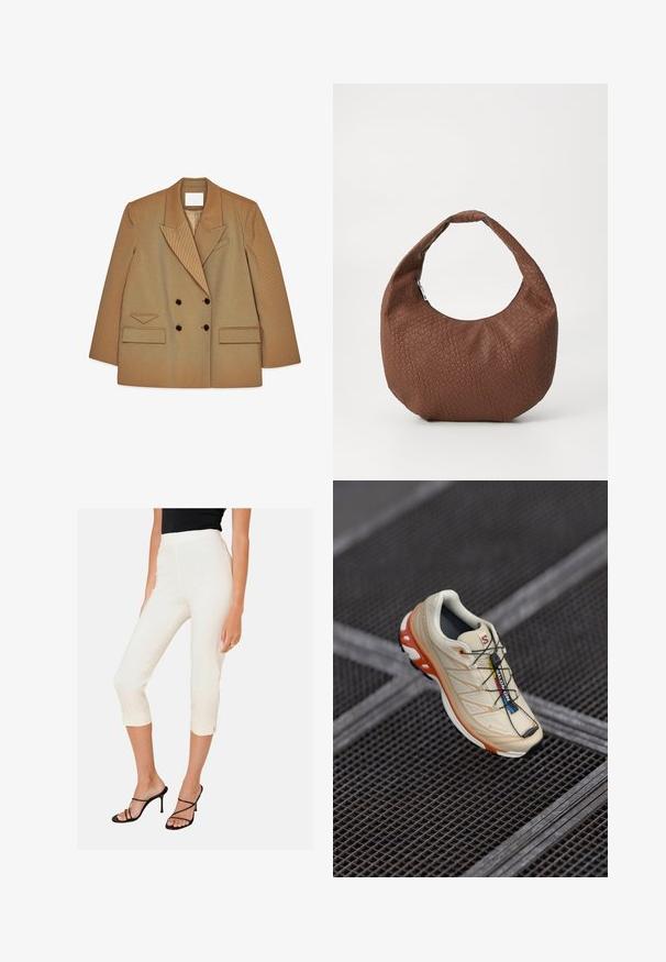 Blazer beige doppiopetto con rever ampi, due tasche anteriori a pattina, bottoni scuri e taschino a taglio su sfondo bianco.; Due canotte: una marrone scuro con texture a coste e spalline larghe, l'altra in bianco sporco, in tessuto liscio con design simile.; Pantaloni bianchi a taglio corto con un design aderente e spacchi laterali sull'orlo, abbinati a tacchi neri con cinturini. Tessuto morbido con una finitura lucida.; Scarpa da corsa beige con accenti arancioni, progettata con una parte superiore testurizzata, suola nera e lacci integrati. Presenta il marchio GORE-TEX.; Borsa a mano intrecciata marrone di forma arrotondata, con un manico singolo imbottito e una superficie testurizzata. Nessun hardware o accenti visibili.