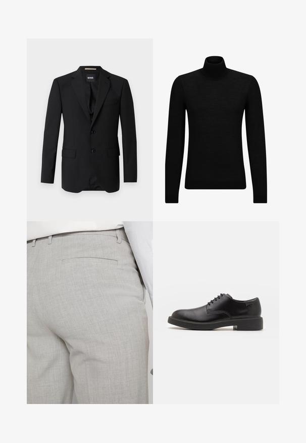 Melnā uzvalka žakete ar iekļautiem atlociem, vienvirziena dizains, divas pogas un divas priekšējās kabatas. Gluda auduma un pielāgota forma.; Melnā augstā kakla džemperis, kas izgatavots no mīksta materiāla, ar garām piedurknēm un pieguļušu piegriezumu. Ribota apdare ap apakšu un piedurknēm. Vienkāršs dizains.; Gaiši pelēkas pielāgotas bikses no teksturēta auduma, ar vienu aizmugurējo kabatu un tīru šuvju apdari.; Melna āda sašūta kurpe ar noapaļotu purngalu, gludu tekstūru, minimālu šuvju skaitu un zemu gumijas papēdi. Logo uz papēža.