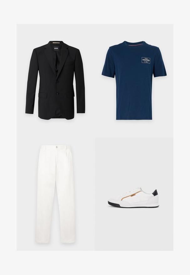 Blazer negro con solapas de muesca, diseño de un solo botón, dos botones y dos bolsillos frontales. Tejido suave y corte entallado.; Camiseta de algodón de color azul marino con escote redondo, mangas cortas y un pequeño estampado de logo blanco en el área del pecho izquierdo. Textura suave.; Pantalones blancos hechos de una tela suave, con un diseño de pierna recta, pliegues en la parte frontal y un cierre de botón en la cintura.; Zapatillas deportivas blancas con acentos de malla y cuero. Presentan un logotipo dorado de "BOSS", paneles laterales texturizados y una tapa de talón negra. Suela de goma.