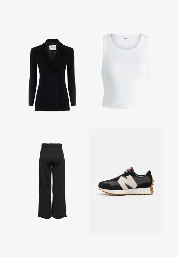 Blazer noir à double boutonnage avec des manches longues, des revers crantés, deux poches avant et des boutons recouverts de tissu. Texture lisse, coupe ajustée.; Débardeur blanc côtelé avec un col rond, sans manches et d'une longueur cropped. L'étiquette indique "JJXX". Texture du tissu lisse.; Pantalons noirs à jambes larges avec une taille élastique, fabriqués à partir d'un tissu lisse. Présente un design épuré sans poches ni détails de couture visibles.; Baskets en suede noir et gris avec un grand logo "N" couleur crème, lacets violets et semelle extérieure en caoutchouc gomme texturé.