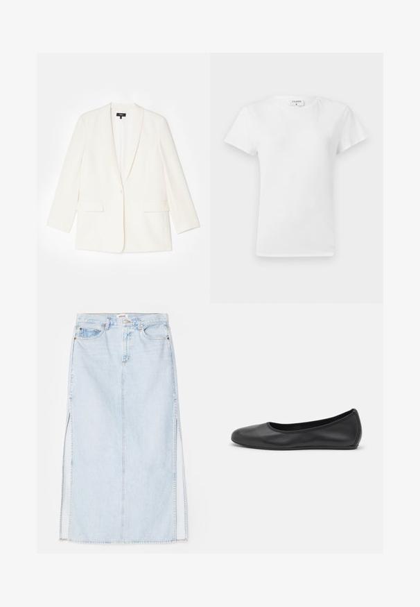 Witte blazer van gestructureerde stof, met een enkele knoopsluiting, gekartelde revers en twee voorzakken. Aansluitend model, lange mouwen.; Witte katoenen t-shirt met ronde hals en korte mouwen, met een relaxed fit en een minimalistisch ontwerp. Etiket zichtbaar aan de hals.; Lichtblauwe denim maxi rok met een rechte snit, voorzien van zijsplits en een ontwerp met vijf zakken. Opvallende stiksels en metalen knoopsluiting.; Zwarte leren ballerina met een ronde neus, gladde textuur, minimale stikdetails en een flexibele zoolontwerp.