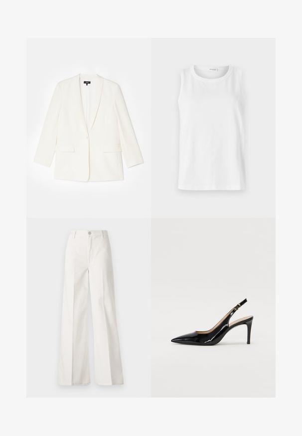 Blazer blanco hecho de tela texturizada, con cierre de un solo botón, solapas muesca y dos bolsillos frontales. Corte entallado, mangas largas.; Top sin mangas blanco hecho de algodón suave. Presenta un escote redondo y un corte recto. Diseño liso sin patrones o acentos visibles.; Pantalones de pierna ancha blancos hechos de algodón con una textura suave. Cuenta con un botón delantero, cremallera y un diseño de cuatro bolsillos.; Zapatos de charol negro con tirante al tobillo, punta afilada, tacón delgado y un diseño de corte sutil. Presenta una hebilla dorada en la correa.
