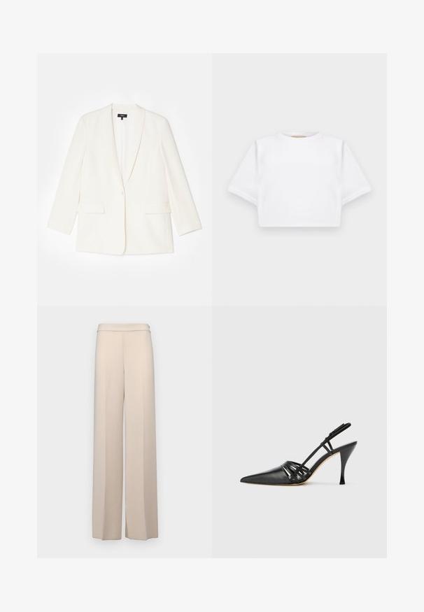 Balts žakets, kas izgatavots no teksturēta auduma, ar vienu pogu, pauguriem un divām priekšējām kabatām. Pielāgota piegriezuma, garām piedurknēm.; Izgriezta balta T-krekla no mīksta auduma, ar īsām piedurknēm, apaļu apkakli un ribota apakšmala. Vienkāršs un neizpušķots dizains.; Beige platmalējošas bikses no gludas auduma, ar augstu jostasvietu un vieglām priekšējām krokām. Nav kabatu vai redzamu detaļu.; Melna ādas augstpapēžu sandalē ar norādītu pirkstu, krustenisku siksnu dizainu un tievu stiletto papēdi. Gluda tekstūra un minimāli akcenti.