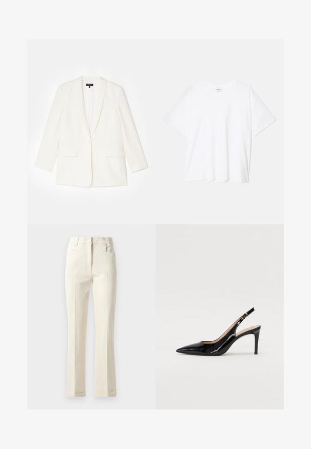 Bijela blazerica od teksturiranog materijala, s jednim dugmetom, izrezanim reverima i dva prednja džepa. Prilagođen kroj, duži rukavi.; Bijela pamučna majica s kratkim rukavima, okruglim izrezom, opuštenim krojem i šivenim rubom. Etiketa je vidljiva na unutarnjoj strani vrata.; Beige ravne hlače izrađene od mješavine pamuka, s pojasom srednje visine, prednjim džepovima i suptilnom teksturom na površini.; Crne lakirane slingback cipele s oštrim vrhom, uskim potpeticama i suptilnim izrezom. Sadrže zlatnu kopču na traku.
