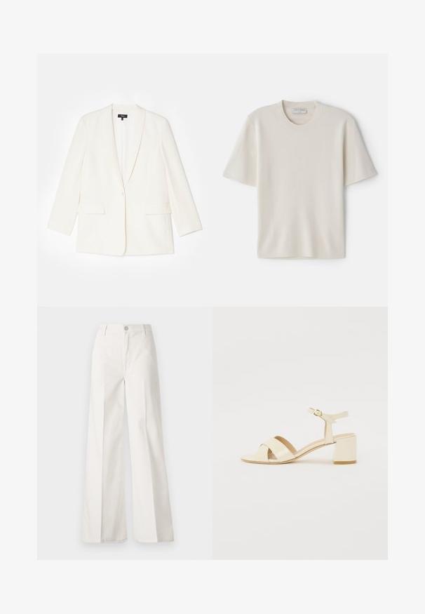 Blazer alb din material texturat, cu închidere printr-un singur nasture, rever îndoite și două buzunare frontale. Croi ajustat, cu mâneci lungi.; Tricou crem cu mânecă scurtă, cu guler rotund, fabricat dintr-un material moale, având o croială dreaptă și detalii minime.; Pantaloni albi cu picioare largi, confecționați din bumbac cu o textură fină. Prezintă un buton în față, fermoar și un design cu patru buzunare.; Sandale cu toc din piele patent bej, cu un design cu curea încrucișată, vârf deschis, curea ajustabilă la gleznă și toc pătrat. Textură netedă.