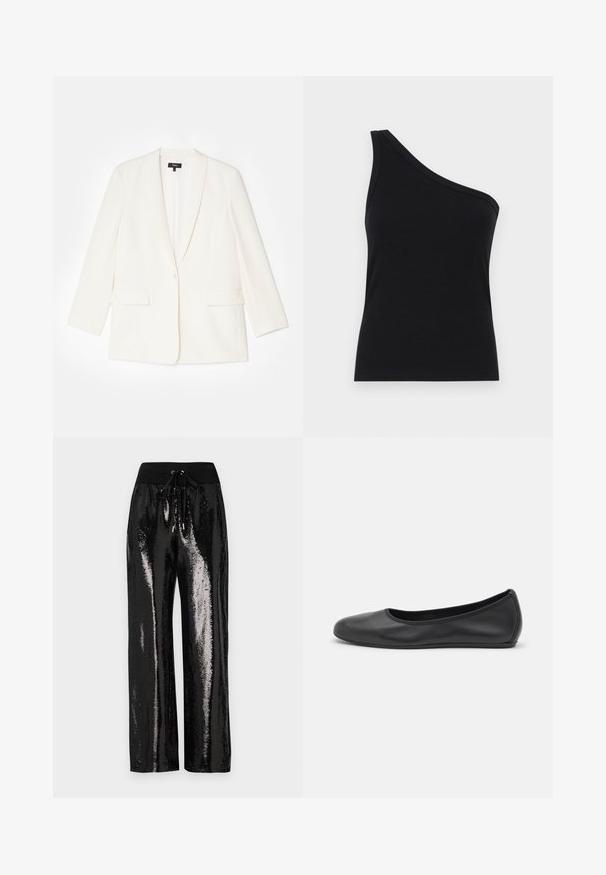 Valge bleiser, mis on valmistatud struktureeritud kangast, ühe nupuga kinnituse, sakiliste krae ja kahe esipocketiga. Kohandatud lõige, pikad varrukad.; Ühe õla must ribakanga tank top, millel on vormikujundus ja pehme tekstuur. Omab puhtat, minimalistlikku lõiget ja sujuvat kaelust.; Mustad sequinsipüksid laia säärte lõikega ja elastse vöökoha, millel on pael. Kanga pind on peegeldav ja läikiv.; Musthave mustika tantsutossud mustast nahast, ümmarguse varbaga, siledast tekstuurist, minimaalse õmblusdetailiga ja paindliku tallakujundusega.
