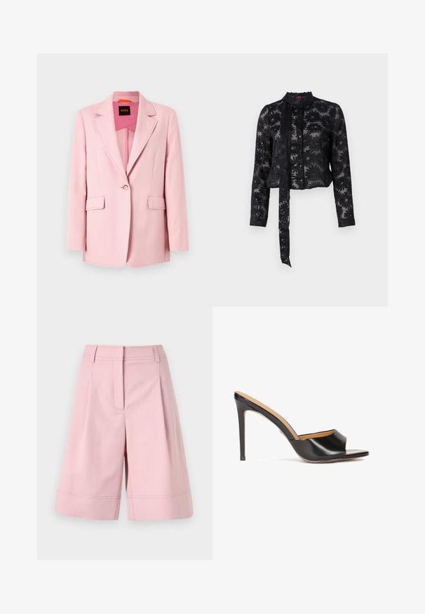 Gaiši rozā žakete ar vienu pogu, ar atlocītām malām un divām priekšējām kabatām. Gluda auduma ar pielāgotu piegriezumu un bez redzamām rakstu izdrukām.; Melnas caurspīdīgas blūzes ar izšūtām ziedu rakstām, garām piedurknēm, pogām priekšpusē un siksniņu aizdari ap kaklu. Strukturēta auduma, īsa piegriezuma.; Gaiši rozā šorti, izgatavoti no kokvilnas maisījuma, ar augstu jostasvietu, krokām un apakšmalu ar redzamām stūru šuvēm.; Melnas atvērtā pirksta augstpapēžu mūlas ar spīdīgu ādas apdari, sašaurinātu blokveida papēdi un gludu, izliekta josta pāri potītei.