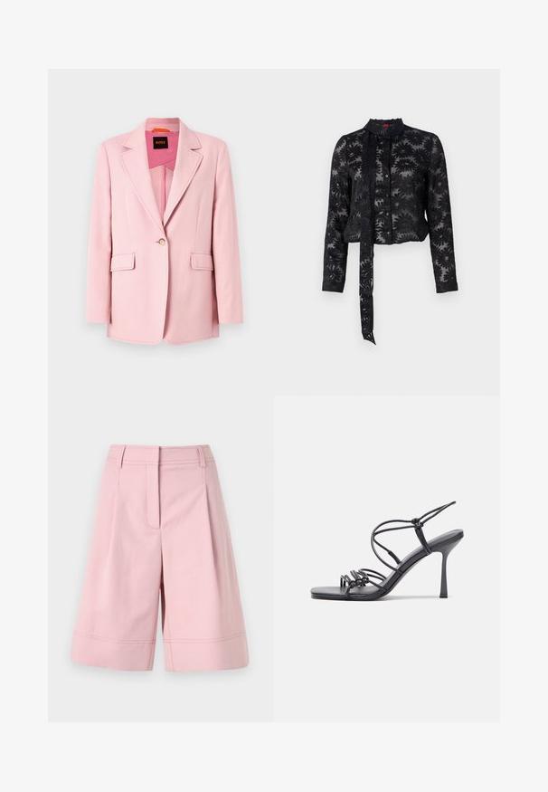 Lys rosa blazer med en enkelt knapp, slagkrager og to frontlommer. Glatt stoff med en skreddersydd passform og ingen synlige mønstre.; Svart gjennomsiktig bluse med brodert blomstermønster, lange ermer, knappestolpe foran, og knytefeste i kragen. Strukturert stoff, kort passform.; Lys rosa shorts laget av bomullsblandingsmateriale, med høy midje, folder og hemmet bunn med synlige sømdetaljer.; Svart høye hælsandaler har tynne stropper med en knyttet design, en glatt firkantet tå og en elegant stiletto-hæl.