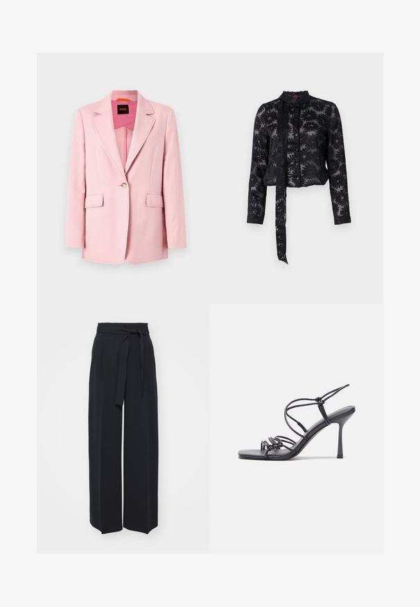 Lyserød blazer med en enkelt knap, notch-kraver og to forlommer. Glat stof med en skræddersyet pasform og uden synlige mønstre.; Sort gennemsigtig bluse med broderet blomsterdesign, lange ærmer, knaplukning foran og bindebånd ved halsudskæringen. Struktureret stof, cropped fit.; Vide sorte bukser lavet af blød stof. Har en bælteholdbar talje og frontfolder. Glat tekstur med et rent, moderne design.; Sorte højhælede sandaler med tynde stropper og en knyttet design, en glat firkantet tå og en slank stiletto hæl.