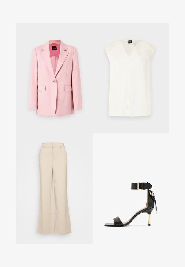 Helle rosa Blazer mit einem einzigen Knopf, Reverskragen und zwei Fronttaschen. Glattes Gewebe mit taillierter Passform und ohne sichtbare Muster.; Cremfarbener V-Ausschnitt-Top mit kurzen Ärmeln, aus glattem Stoff gefertigt. Verfügt über eine Mittelnähten und zarte Nahtdetails entlang der Schulternähte.; Beige weite Hosen mit glatter Textur, ausgestattet mit einem hohen Taillenbund und zwei vorderen Taschen. Schlichtes Design mit taillierter Passform.; Schwarze Leder-Absatzsandale mit quadrater Zehenform, Fesselriemen mit einer goldenen Schnalle und einem schlanken, metallischen Absatz. Glatte Textur, minimalistisches Design.