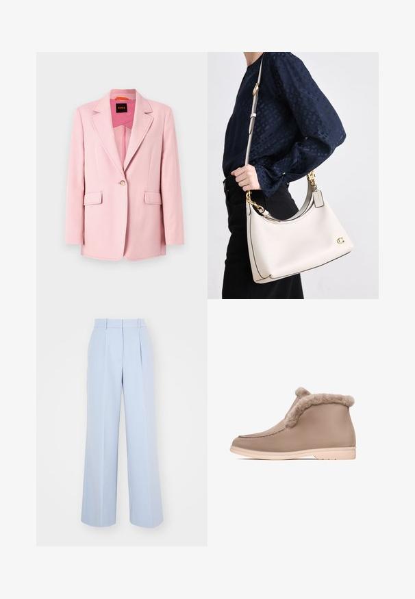 Vaaleanpunainen bleiseri, jossa on yksi nappi, kaarrokeet ja kaksi etutaskua. Silkkinen kangas, räätälöity malli ja ei näkyviä kuvioita.; Valkoinen lyhythihainen t-paita, leveät lyhyet hihat, pehmeää puuvillamateriaalia, pyöreä pääntie jossa hienovarainen oranssi reunus, minimaalinen muotoilu, ei kuvioita tai graafisia elementtejä.; Vaaleansiniset leveät housut, joissa on korkea vyötärö ja edessä laskokset, valmistettu sileästä kudotusta kankaasta. Ei näkyvää metalliosaa.; Beige nilkkurit, joissa on pehmeä turkiskuvio, mokkanahkainen materiaali, pyöreä kärki ja kevyt kumipohja. Ei näkyviä erottuvia kuvioita tai metalliosia.; Beige nahkalaukku tummalla reunanauhalla, kaarevalla siluetilla, kultaisilla yksityiskohdilla ja irrotettavalla hihnalla, pidetty sivussa tummaa asua vasten.