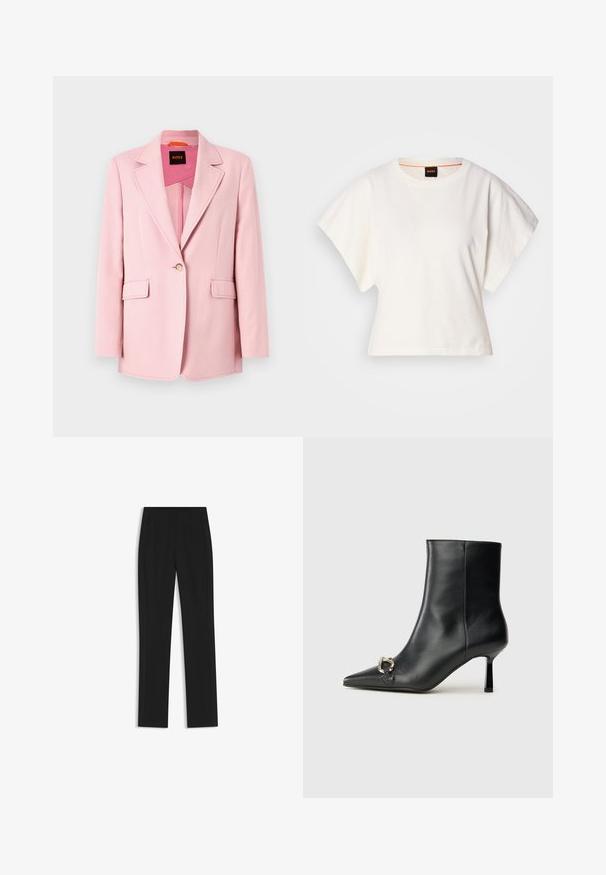 Helle rosa Blazer mit einem einzigen Knopf, Reverskragen und zwei Fronttaschen. Glattes Gewebe mit taillierter Passform und ohne sichtbare Muster.; Weißes, kurzes T-Shirt, kurze weite Ärmel, weicher Baumwollstoff, runder Ausschnitt mit subtilen orangefarbenen Akzenten, minimales Design, keine Muster oder Grafiken.; Schwarze maßgeschneiderte Hose mit geradem Bein, ausgestattet mit Fronttaschen und einem glatten, strukturierten Stoff. Saubere, minimale Details.; Schwarze Leder-Stiefelette mit spitzer Zehe, schlankem, mittelhohem Absatz und silberner Schnalle seitlich vor einem schlichten Hintergrund.