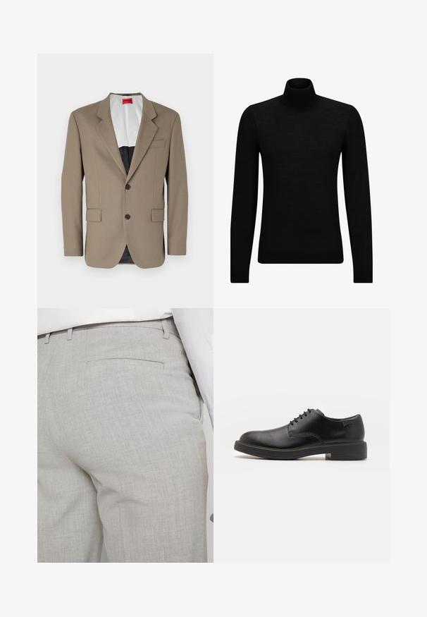 Brun blazer laget av teksturert stoff, med en ensfarget design, to frontlommer og klaffelapper. Fôr i kontrasterende farger.; Svart genser med høy hals laget av mykt materiale, med lange ermer og en tettsittende passform. Ribbestrikket kant nederst og ved ermene. Enkelt design.; Lysegrå skreddersydde bukser laget av teksturert stoff, med en enkelt baklomme og rene sømmer.; Svart lær snøre sko med rund tå, glatt tekstur, minimal søm, og lav gummihæl. Logo på hælen.