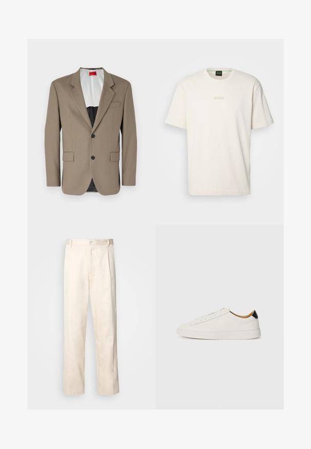 Ruskea bleiseri, joka on valmistettu teksturoidusta kankaasta, yksirivinen malli, kahdella etutaskulla ja levennetty kaulus. Vuori kontrastiväreissä.; BOSS TEE - T-paita - open white; Vaaleanbeige puuvillahousut, joissa on suora lahje, varustettu nappisulkeisella ja etupuolella olevilla laskoksilla lisäyksinä.; Valkoinen tennari, jossa on sileä nahkapinta, pyöreä kärki ja tasapohja. Musta yksityiskohta kantapäässä, jossa on samaa sävyä olevat nauhat ja minimaalinen brändäys.