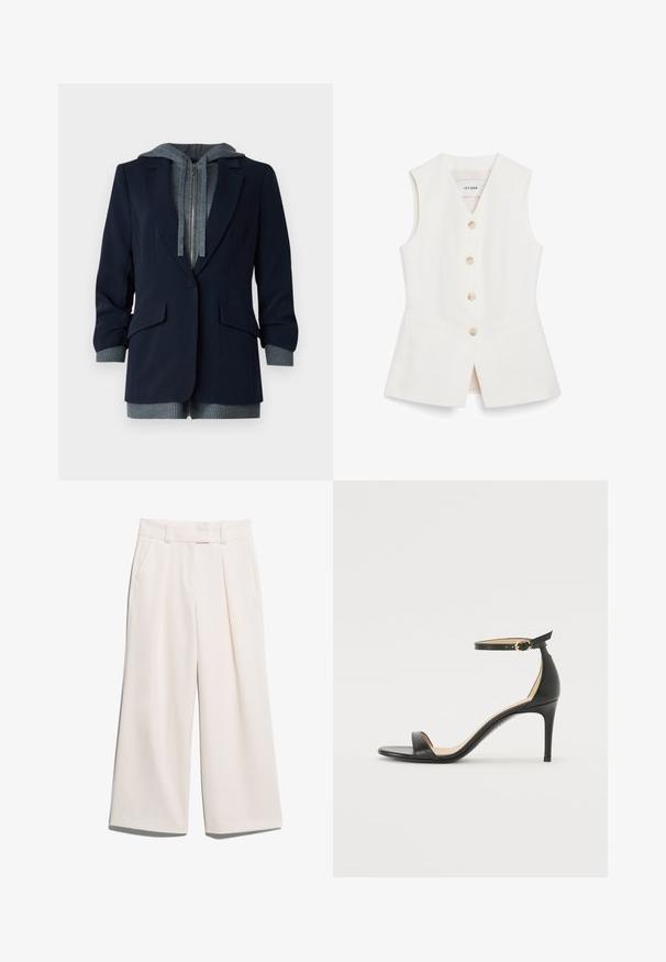 Tumesin bleiser hall grey kapuutsiga sisekihiga; sisaldab lukku, kahte esist taskut ja soonikse riideid, mis lisavad tekstuuri.; Valge varrukateta vest, millel on pingutatud disain, kuus ümmargust nööpi ja kaks esi-taskut. Valmistatud siledast materjalist puhta viimistlusega.; Laiad püksid heledas kreemjas värvitoonis, valmistatud siledast kangast, kahel esimesel taskul ja nähtava õmblusega vöökoha juures.; Must musta kõrgete kontsadega sandaal, millel on pahkluule kinnituv rihm. Omab sileda tekstuuri, avatud varbaosa ning õhukest kontsa. Kuldtooniline pandla detail.