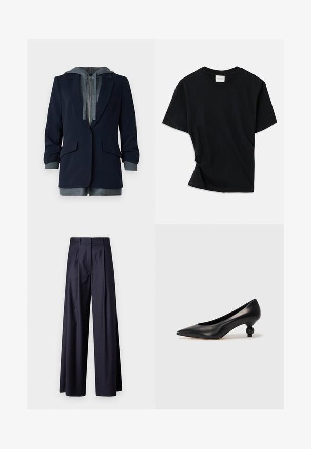 Navy blazer with a grey hooded inner layer; features a zipper, two front pockets, and ribbed cuffs for added texture.; Black t-shirt made of soft cotton, featuring a crew neckline, short sleeves, and a slightly twisted design for a relaxed fit.; Wide-leg trousers in dark navy fabric, featuring pleats, a smooth texture, a tailored design, and a high waistband.; Black leather high heel shoe with a pointed toe and a round, balled heel. Smooth texture with a sleek, minimal design.