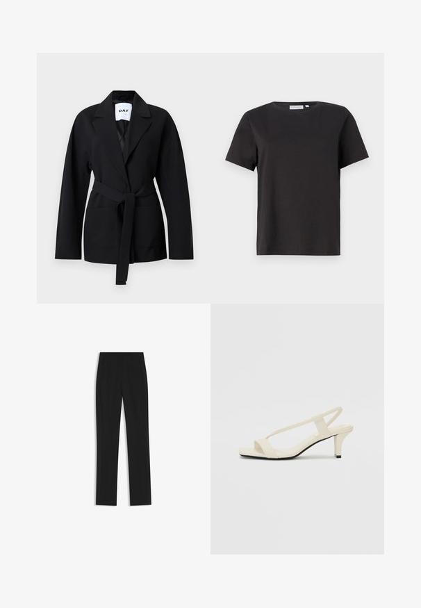 Blazer negro con solapa de muesca, cinturón anudado y bolsillos frontales. Confeccionado con tejido suave, presenta una textura lisa y un ajuste entallado.; Camiseta de algodón negra con mangas cortas, un escote redondo y un diseño simple y limpio. Sin patrones o adornos visibles.; Pantalones de traje negros con un diseño de pierna recta, que cuentan con bolsillos delanteros y una tela suave y texturizada. Detalles limpios y minimalistas.; Sandalias de tacón cuadrado en color beige con tiras delgadas y punta cuadrada. Material suave con un diseño minimalista, diseñado para facilitar su uso.