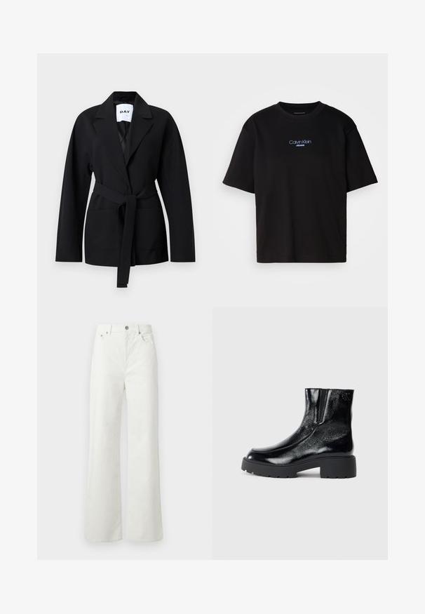 Čierne sako s klopami so zárezmi, opaskom v páse a prednými vreckami. Vyrobené z mäkkej tkaniny, s hladkou textúrou a strihané na mieru.; Čierne bavlnené tričko s okrúhlym výstrihom, krátkymi rukávmi a modrým vyšívaným logom "Calvin Klein JEANS" na prednej strane.; Samsøe Samsøe SHELLY - Džínsy voľného strihu - clear cream; Čierne kotníkové topánky s lesklým patentným koženým povrchom, masívnou čiernou gumovou podrážkou a vyvýšeným podpätkom; na boku obsahujú jemný detail loga.