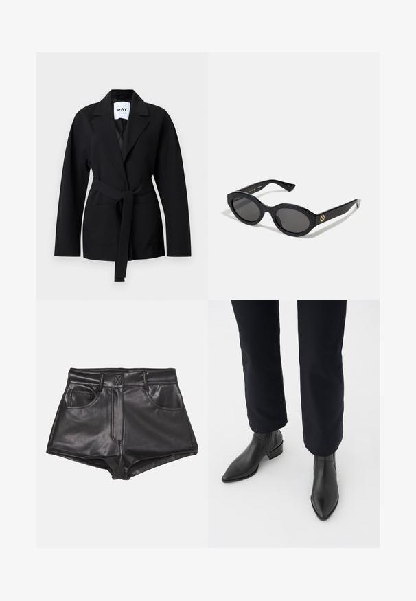 Melns žakete ar izgriezuma atloku, jostas saiti un priekšējām kabatām. Izgatavots no mīksta auduma, kas raksturojas ar gludu tekstūru un piegrieztu pieguļošu siluetu.; Melns īsais krekls, ko izgatavo no kokvilnas, ar noapaļotu kakla izgriezumu un īsām, plašām piedurknēm, kas nodrošina brīvu piegājienu. Gluda tekstūra, vienkāršs dizains.; Melni mākslīgo ādu šorti ar augsto jostasvietu, kurām ir divas priekšējās kabatas, redzama šuvēšana un gluda tekstūra.; Melni ādas potīšu zābaki ar norādītu purngalu, blokveida papēdi un teksturētām sānu daļām, valkāti ar tumšām biksēm uz balta fona.; Melnas ovālās saulesbrilles ar tumšiem stikliem un spīdīgu plastmasas rāmi. Iezīmētas ar zelta logo uz tempļa, nodrošinot elegantu un modernu dizainu.