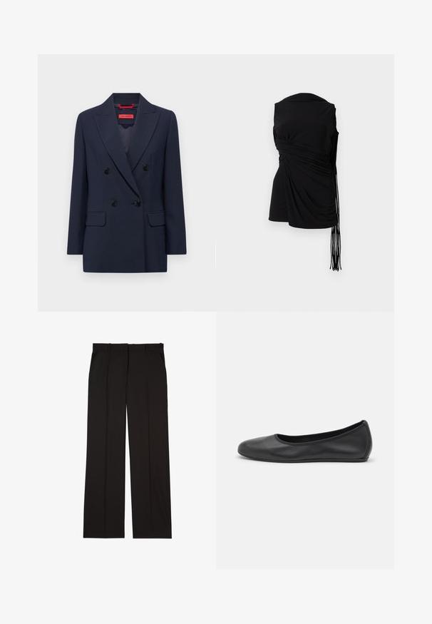 MAX&Co. OBOE - Blazer - blau; Top preto sem mangas com tecido drapeado, franzido lateral e detalhe de franjas alongadas, apresentando uma textura suave e uma silhueta ajustada.; Calças pretas sob medida feitas de um tecido suave, com um design de perna reta e dois bolsos laterais. Construção elegante e minimalista.; Bailarina preta em pele com bico arredondado, textura suave, detalhe de costura minimalista e design de sola flexível.