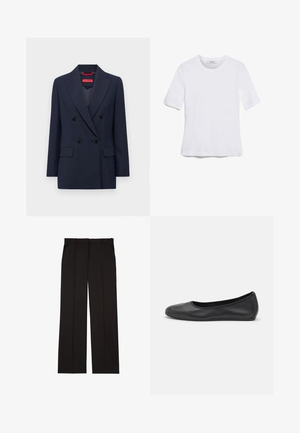 MAX&Co. OBOE - Blazer - blau; T-shirt bianca a maniche corte realizzata in tessuto a costine. Collo rotondo, vestibilità regolare e dettagli di cucitura sottili. Senza motivi o grafiche.; Pantaloni neri su misura realizzati in un tessuto liscio, con un design a gamba dritta e due tasche laterali. Costruzione elegante e minimalista.; Pantofole da balletto nere in pelle con punta arrotondata, texture liscia, dettagli di cucitura minimi e design con suola flessibile.