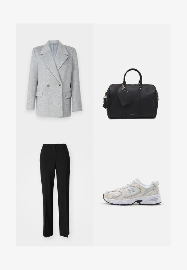Grijze wolmix dubbele blazer met een op maat gemaakt ontwerp, scherpe kraag en twee voorzakken. Kenmerkt zich door bruin knoopaccenten.; Witte overhemd met lange mouwen, puntkraag, getailleerd ontwerp, gladde katoenstof en sluiting met knopen aan de voorkant.; Zwarte op maat gemaakte broek met een recht model, voorzien van een soepele textuur en scherpe plooien aan de voorkant. Geen zichtbare hardware.; Atletiekschoen met een lichtgrijs mesh bovenwerk en suede accenten, witte veters en een zwarte rubberen zool. Opvallend ABZORB dempingdetail.; Zwarte faux leren sporttas met gouden hardware, dubbele bovenhandvatten, verstelbare schouderriem en een verwijderbaar labelvak.