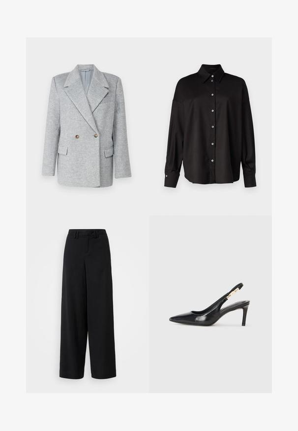 Pilkas vilnos mišinio dvigubo užsegimo švarkas su pritaikytu dizainu, aštriu apykakle ir dviem priekinėmis kišenėmis. Pabrėžia rudos spalvos sagų akcentai.; DRYKORN LYSILA - Užsagstoma palaidinė - black; Juodi plačių kojų kelnės, pagamintos iš lygaus audinio, su plokščiu priekiniu dizainu, raukšlėtėmis ir diržo kilpomis ant juosmens.; Juodos odinės slingback aukštakulniai batai su smailiu pirštu, lygiu paviršiumi ir siaura kulkšnies juosta su auksiniais akcentais.