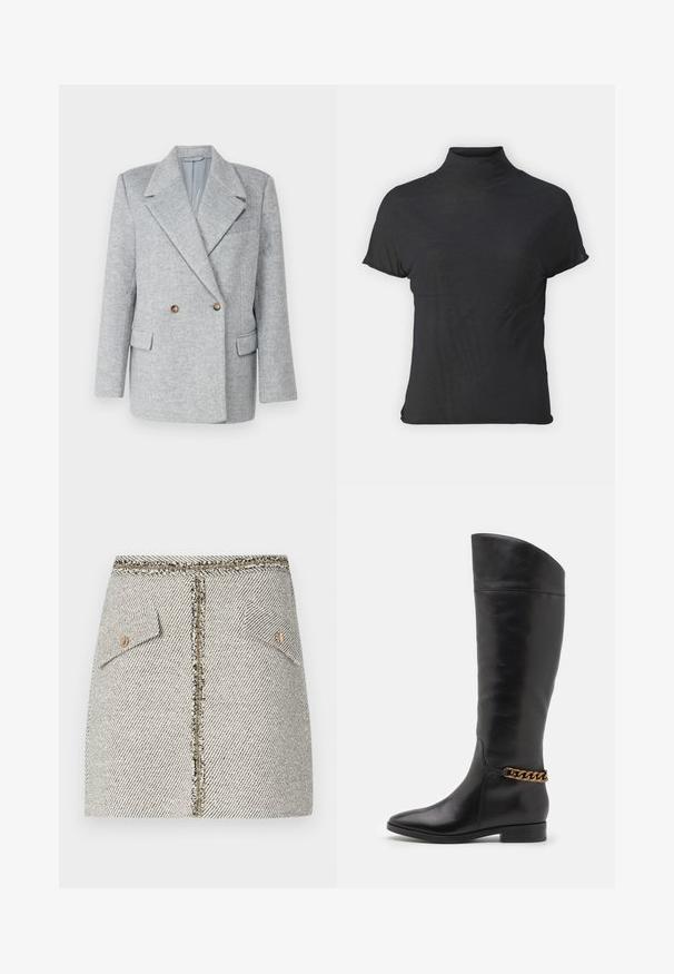 Šedý vlněný dvouřadý blazer s přizpůsobeným designem, ostrými klopami a dvěma předními kapsami. Obsahuje hnědé knoflíkové akcenty.; Černý krátký rukáv turtleneck vyrobený z lehkého materiálu s hladkou texturou a přiléhavým střihem, s vysokým výstřihem.; Tkaná tweedová sukně v bílé a černé barvě s vzorem rybí kost, má dvě přední kapsy a zlatý zip na zadní straně s třásněmi.; Vysoké černé kožené boty s elegantním designem, špičatou špičkou a zlatým řetízkem na kotníku. Nízký blokový podpatek. Hladká textura.