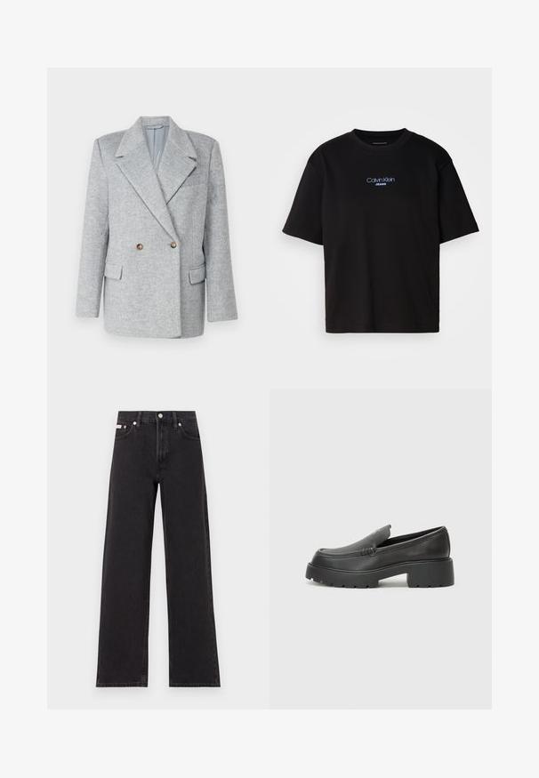 Grau-melierter Wolle-Mischung Doppelreiher Blazer mit maßgeschneidertem Design, scharfem Kragen und zwei Fronttaschen. Mit braunen Knopfakzenten.; Schwarzes Baumwoll-T-Shirt mit Rundhalsausschnitt, kurzen Ärmeln und blau gesticktem "Calvin Klein JEANS"-Logo auf der Vorderseite.; Schwarze weit geschnittene Jeans aus Denim mit einem hoch sitzenden Bund, fünf Taschen und einem Metallknopfverschluss mit kontrastierendem Nähte.; Schwarze Lederloafer mit einer abgerundeten Spitze, dicker strukturierten Laufsohle und minimalen Nähten. Schlankes Design ohne sichtbare Schnürsenkel oder Beschläge.