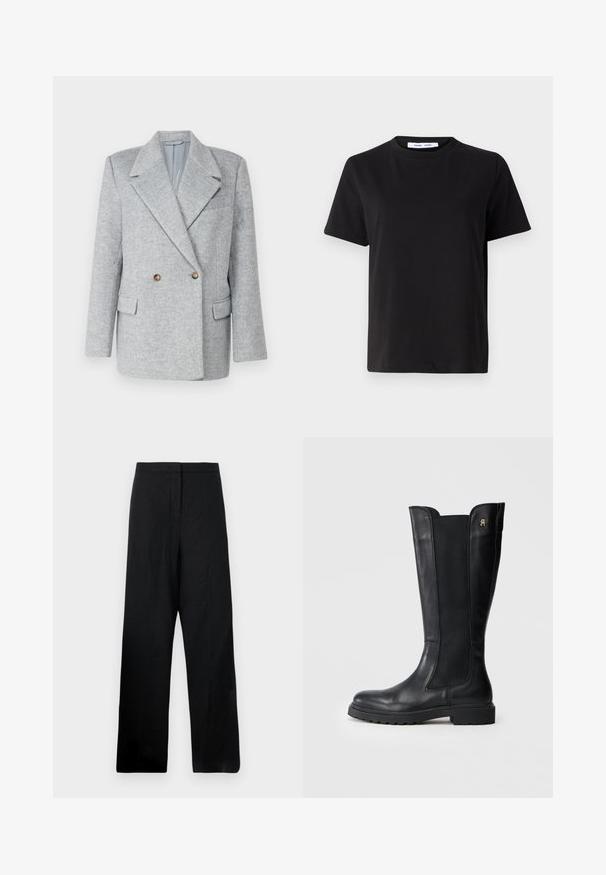 Grijze wolmix dubbele blazer met een op maat gemaakt ontwerp, scherpe kraag en twee voorzakken. Kenmerkt zich door bruin knoopaccenten.; Zwart T-shirt met korte mouwen, gemaakt van zachte katoen, met een ronde hals, een ontspannen pasvorm en een gladde textuur. Geen zichtbare patronen of opdrukken.; Zwarte wijde broekspijp gemaakt van een lichtgewicht stof. Kenmerkt zich door een soepele textuur, hoge taille en minimale stikdetails.; Kniehoge zwarte leren laars met elastische zijpanelen, ronde neus, dikke zool en een klein logo accent aan de buitenkant.