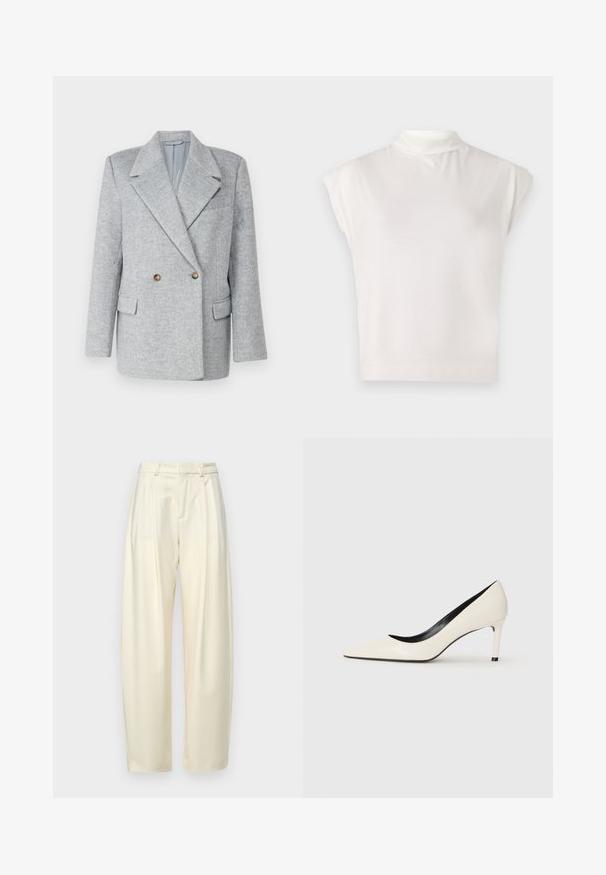 Blazer gri din lână cu amestec, cu un design ajustat, guler ascuțit și două buzunare frontale. Prezintă accente de nasturi maronii.; Top alb, fără mâneci, cu guler înalt, fabricat dintr-un material moale, având un design structurat, cu o textură netedă și detalii subtile cu nervuri la margine.; Pantaloni plisati, cu talie inalta, dintr-un material crem deschis. Prezintă o croială dreaptă și o textură netedă. Fără buzunare sau accesorii vizibile.; Pantofi cu toc înalt din piele patent albă, cu vârf ascuțit, toc subțire și detalii interioare negre. Textură netedă și design elegant.