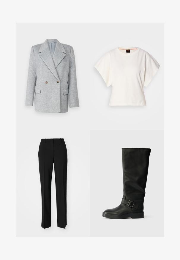 Gray wool-blend double-breasted blazer with a tailored design, sharp collar, and two front pockets. Features brown button accents.; White cropped T-shirt, short wide sleeves, soft cotton material, round neckline with subtle orange trim, minimal design, no patterns or graphics.; Black tailored trousers with a straight-leg design, featuring a smooth texture and crisp creases along the front. No visible hardware.; Black knee-high boots made of smooth leather, featuring a rounded toe, a thick sole, and a horizontal strap with a rectangular buckle detail.