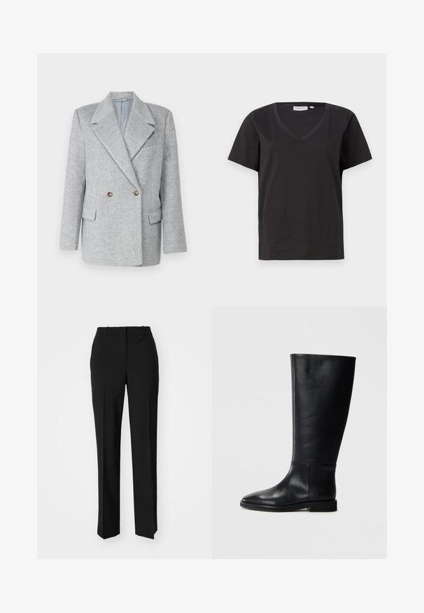 Grå uldblanding dobbeltknap blazer med en skræddersyet design, skarp krave og to forlommer. Har brune knapdetaljer.; Sort bomulds T-shirt med V-hals og korte ærmer. Enkel design med regular fit og ingen mønstre eller accenter.; Sorte skræddersyede bukser med lige ben-design, der har en glat tekstur og skarpe folder langs fronten. Ingen synlige hardware.; Sorte læderknæhigh støvler med rund tå, glat tekstur, minimalistisk design og flad sål. Enkle sømdetaljer på skaftet.