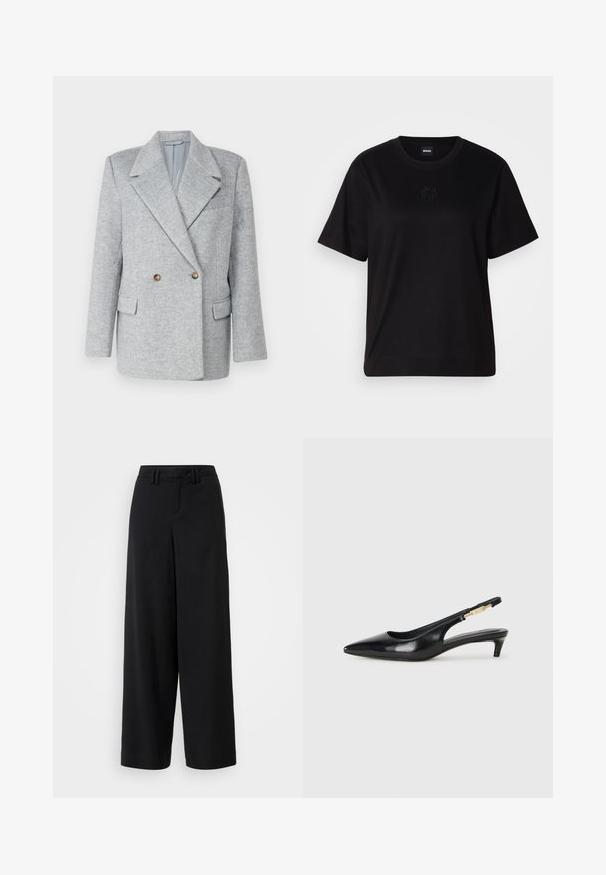 Szürke gyapjúkeverék, kétsoros öltönyzakó, amely testhez simuló fazonnal, éles gallérral és két elülső zsebben rendelkezik. Barna gombdíszekkel készült.; Fekete pamut póló kerek nyakkivágással, rövid ujjakkal és hímzett logóval a mellkasán. Egyszerű, laza szabás, minta nélkül.; Fekete, széles szárú nadrág sima anyagból, lapos elejű kialakítással, redőzött részletekkel és övhurkokkal a derékrészen.; Fekete bőr slingback magassarkúk, hegyes orral, vékony sarkakkal és arany színű részlettel a állítható pánton. Simа felület.